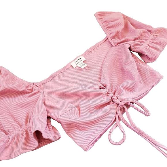 💛 Privy Pink Ribbed Crop Top with Statement Ruffle Sleeves Women's Size Medium - Picture 2 of 6